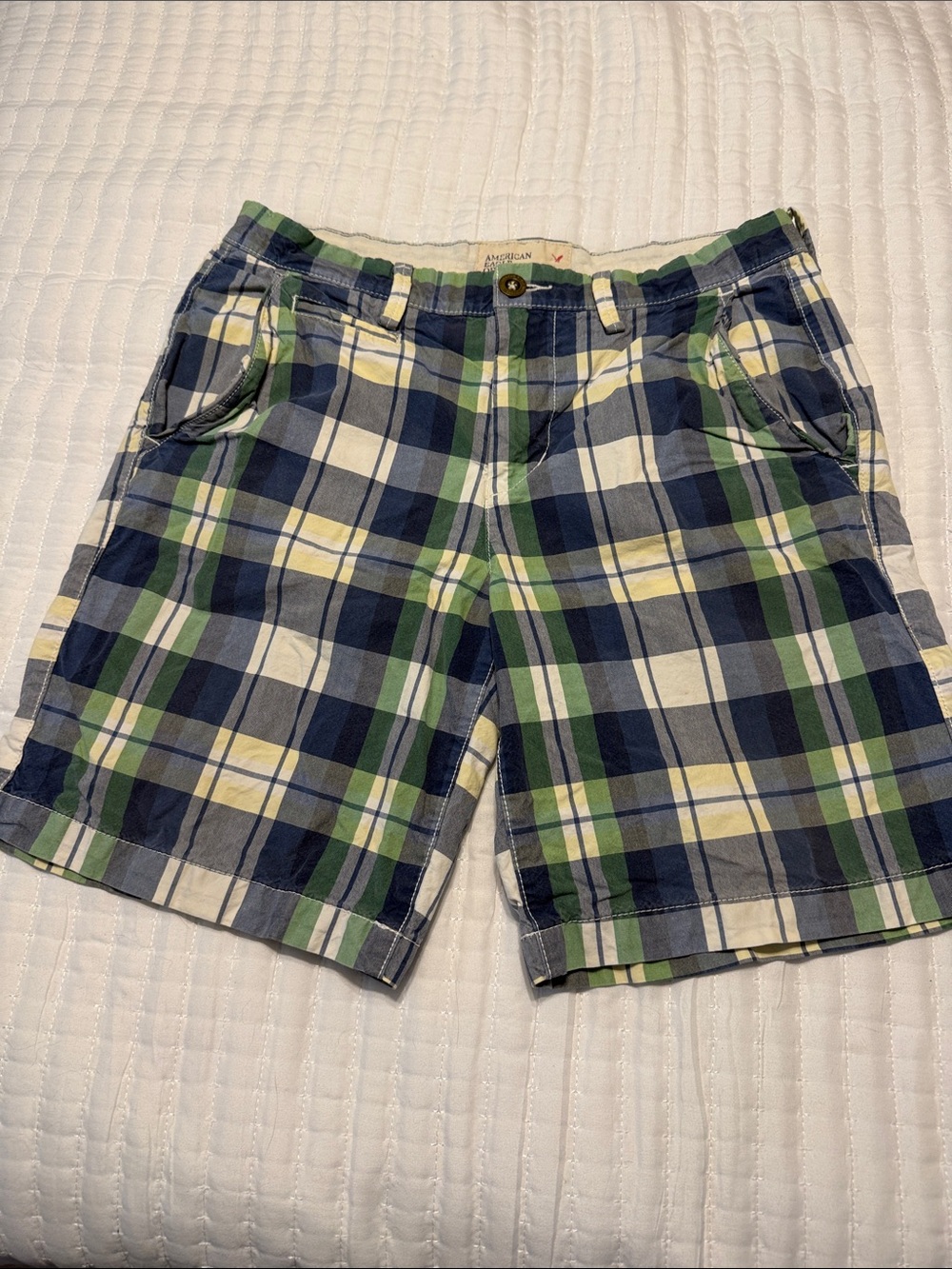 American Eagle Outfitters Plaid Flat Front Shorts - Navy, Green & Cream Prep Fit